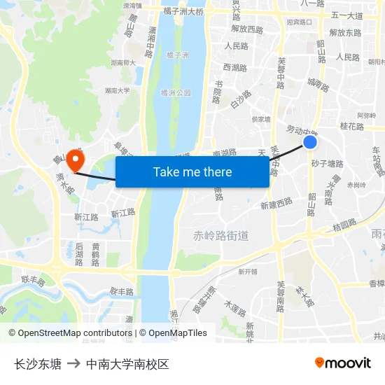 长沙东塘 to 中南大学南校区 map