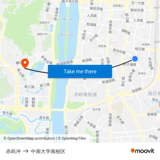 赤岗冲 to 中南大学南校区 map