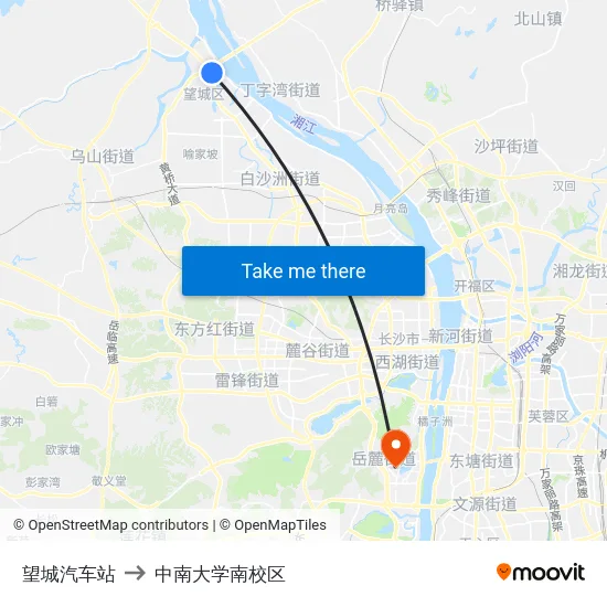 望城汽车站 to 中南大学南校区 map