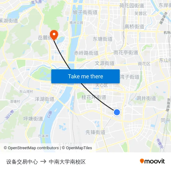 设备交易中心 to 中南大学南校区 map