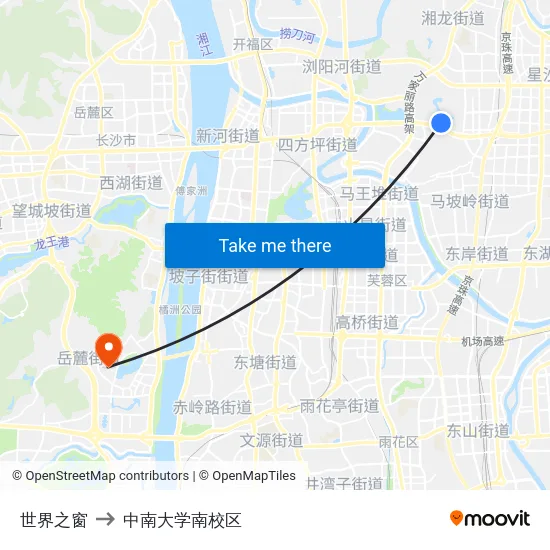 世界之窗 to 中南大学南校区 map