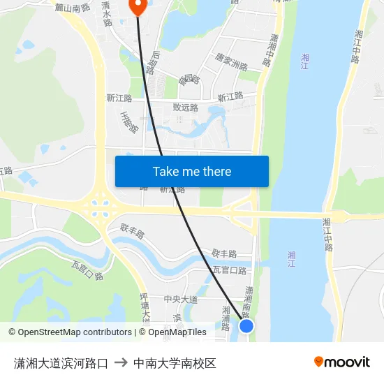 潇湘大道滨河路口 to 中南大学南校区 map