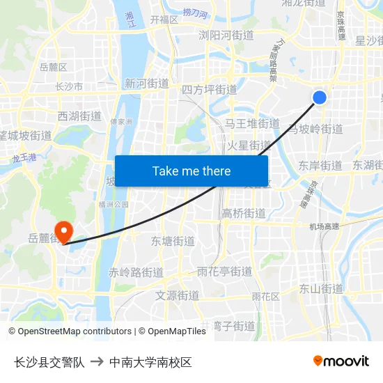 长沙县交警队 to 中南大学南校区 map