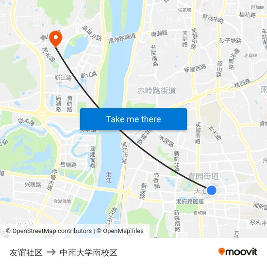 友谊社区 to 中南大学南校区 map