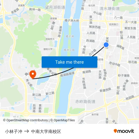 小林子冲 to 中南大学南校区 map