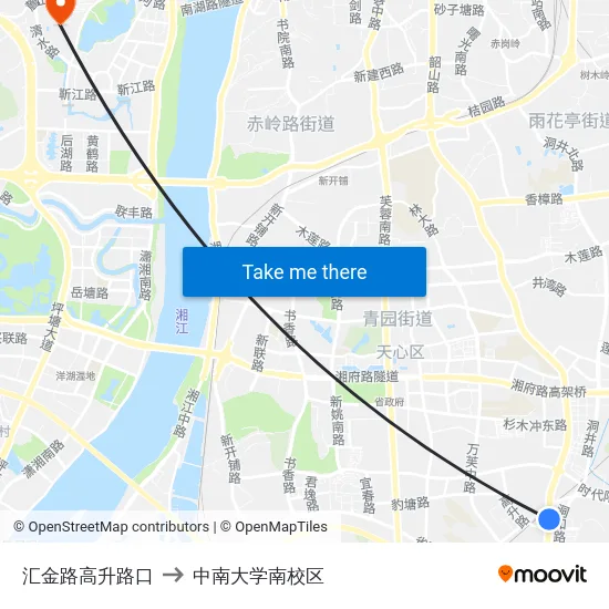 汇金路高升路口 to 中南大学南校区 map