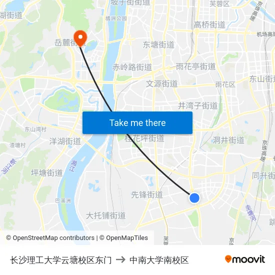长沙理工大学云塘校区东门 to 中南大学南校区 map