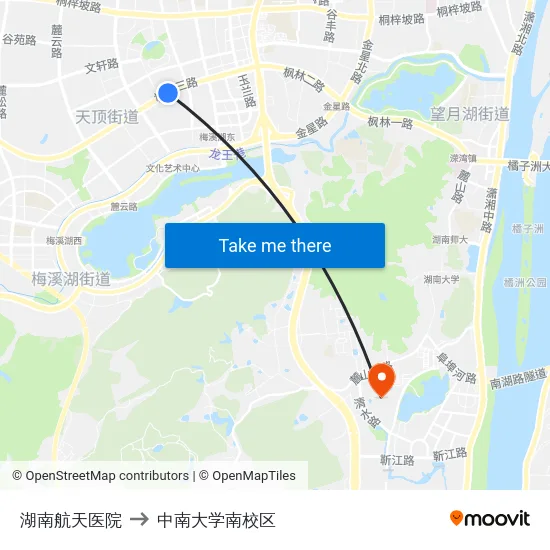 湖南航天医院 to 中南大学南校区 map