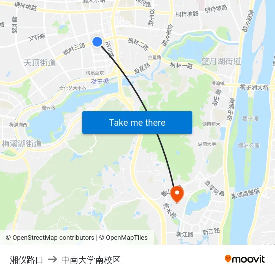 湘仪路口 to 中南大学南校区 map
