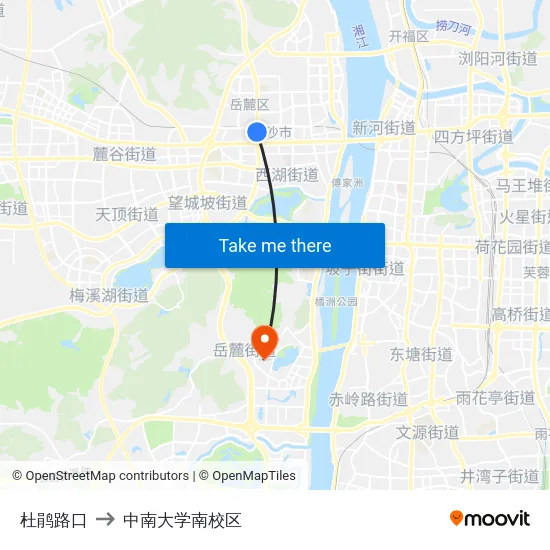 杜鹃路口 to 中南大学南校区 map