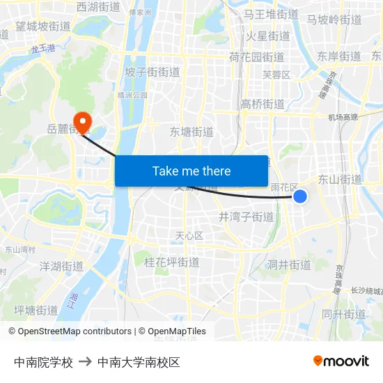 中南院学校 to 中南大学南校区 map