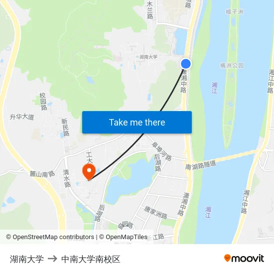湖南大学 to 中南大学南校区 map