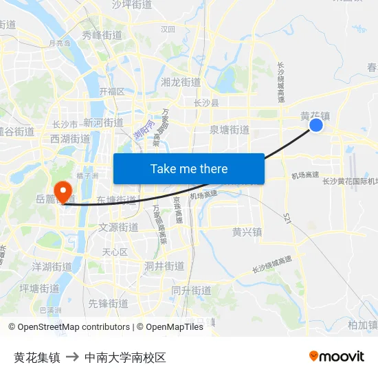 黄花集镇 to 中南大学南校区 map