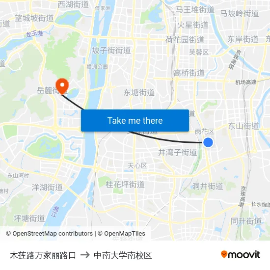 木莲路万家丽路口 to 中南大学南校区 map