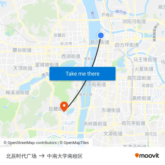 北辰时代广场 to 中南大学南校区 map