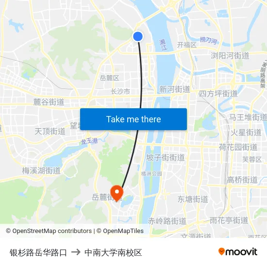 银杉路岳华路口 to 中南大学南校区 map