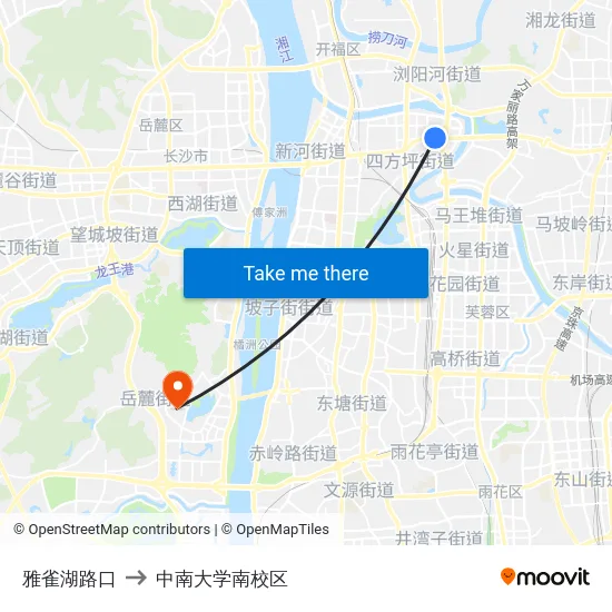 雅雀湖路口 to 中南大学南校区 map