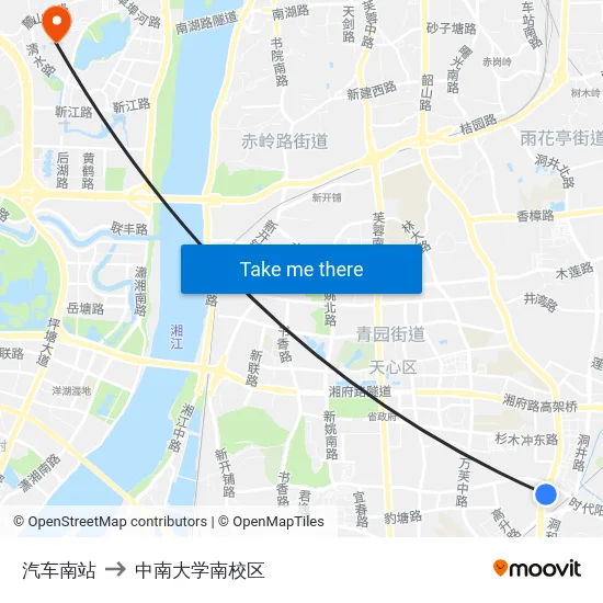 汽车南站 to 中南大学南校区 map