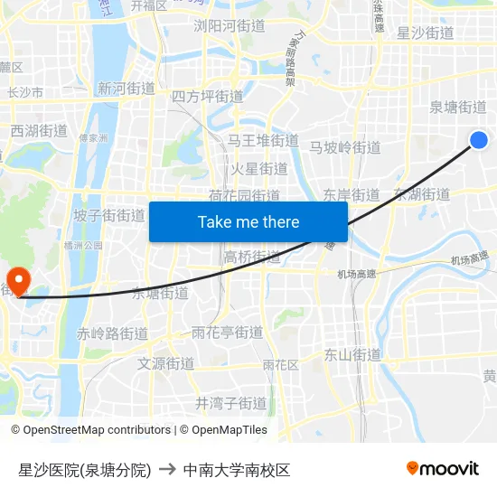 星沙医院(泉塘分院) to 中南大学南校区 map