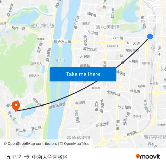 五里牌 to 中南大学南校区 map