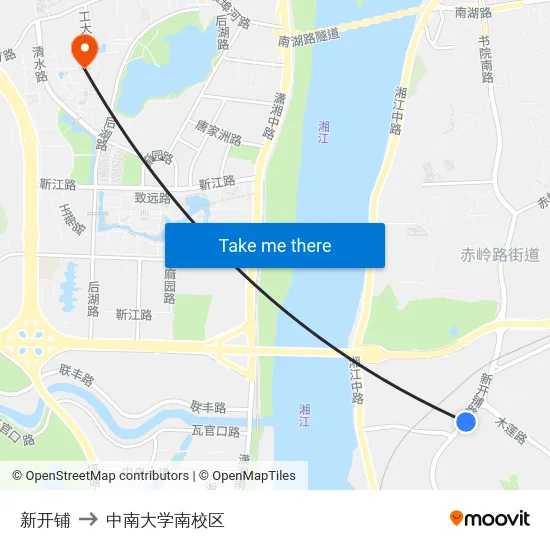 新开铺 to 中南大学南校区 map