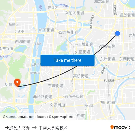长沙县人防办 to 中南大学南校区 map