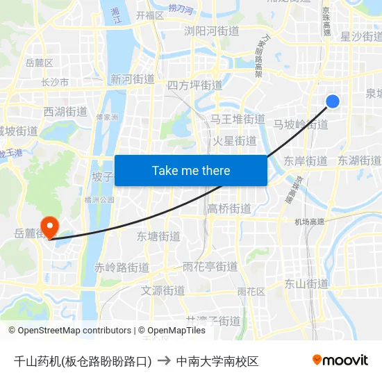 千山药机(板仓路盼盼路口) to 中南大学南校区 map