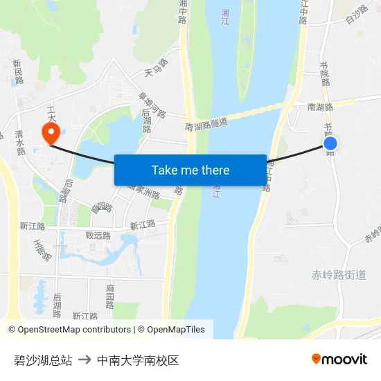 碧沙湖总站 to 中南大学南校区 map