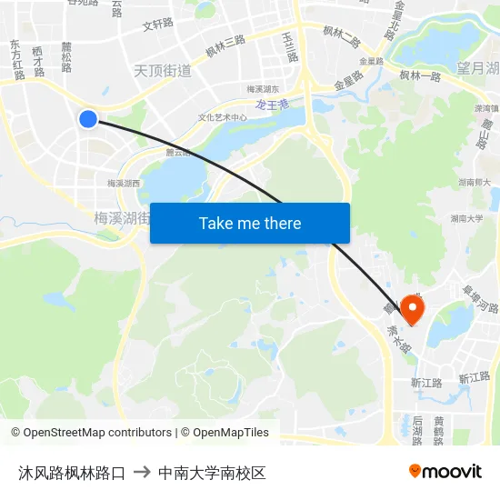 沐风路枫林路口 to 中南大学南校区 map