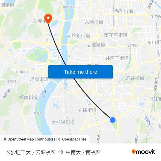 长沙理工大学云塘校区 to 中南大学南校区 map