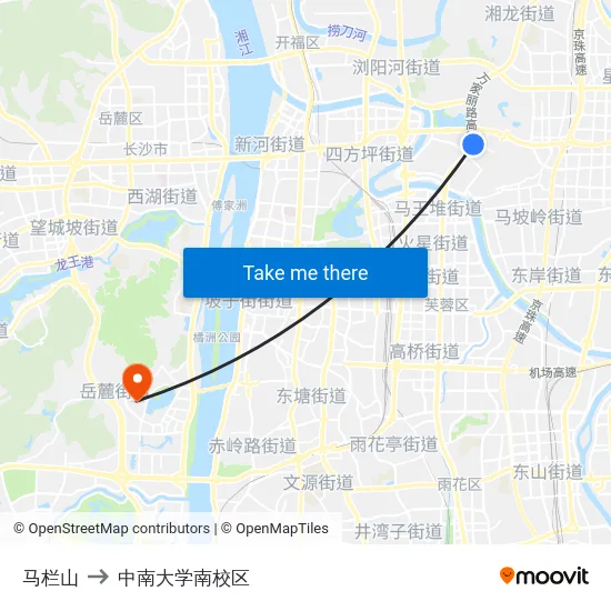 马栏山 to 中南大学南校区 map