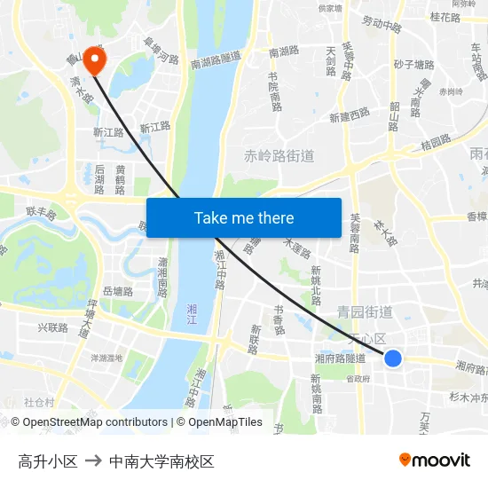 高升小区 to 中南大学南校区 map