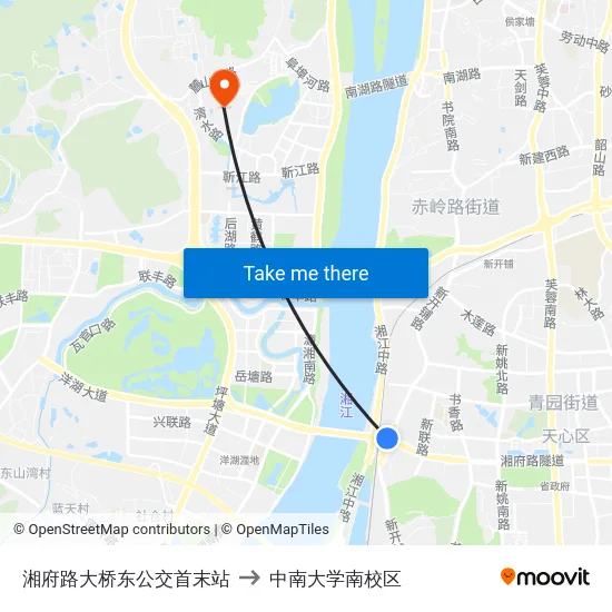 湘府路大桥东公交首末站 to 中南大学南校区 map