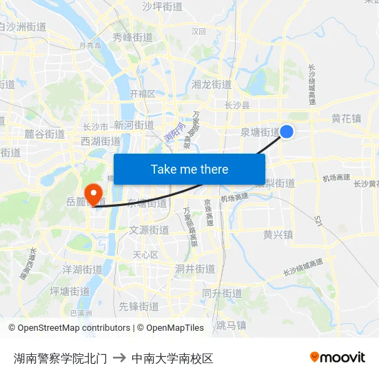 湖南警察学院北门 to 中南大学南校区 map