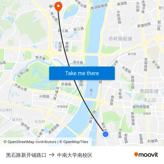 黑石路新开铺路口 to 中南大学南校区 map