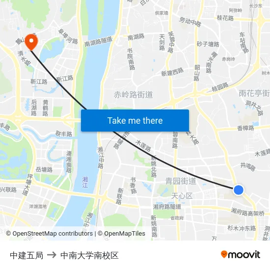 中建五局 to 中南大学南校区 map