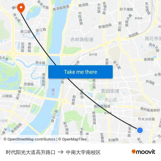 时代阳光大道高升路口 to 中南大学南校区 map