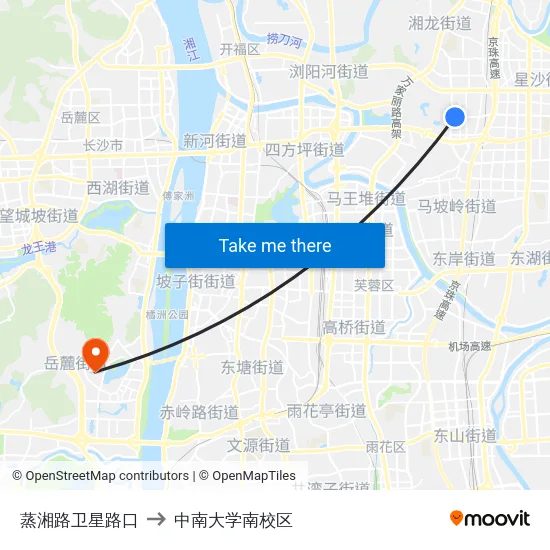 蒸湘路卫星路口 to 中南大学南校区 map