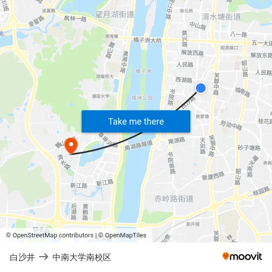 白沙井 to 中南大学南校区 map