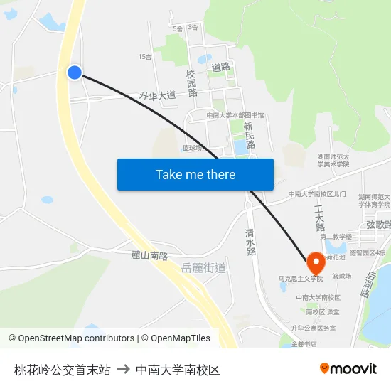 桃花岭公交首末站 to 中南大学南校区 map