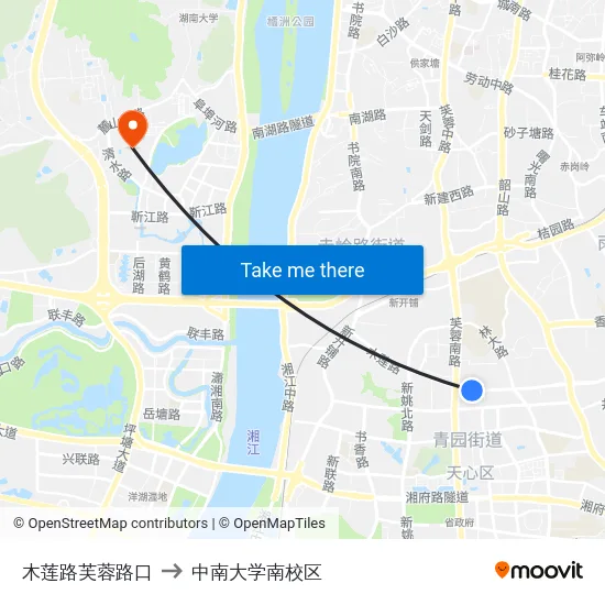 木莲路芙蓉路口 to 中南大学南校区 map