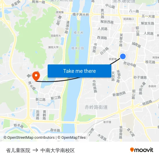 省儿童医院 to 中南大学南校区 map