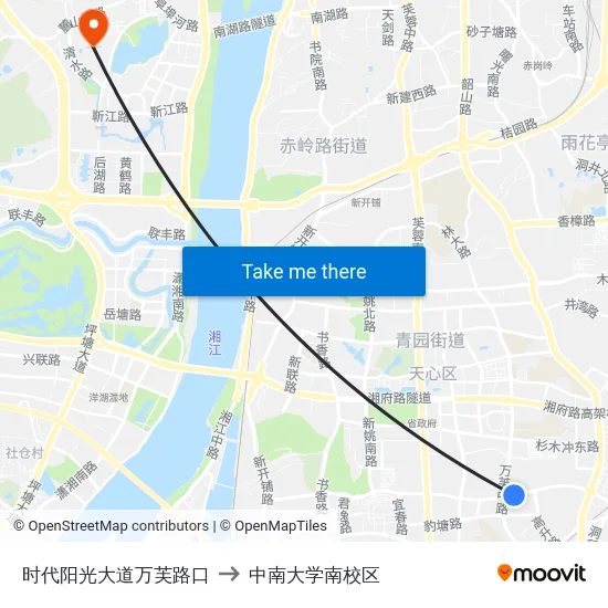 时代阳光大道万芙路口 to 中南大学南校区 map
