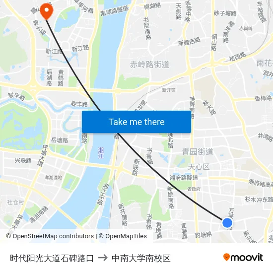 时代阳光大道石碑路口 to 中南大学南校区 map