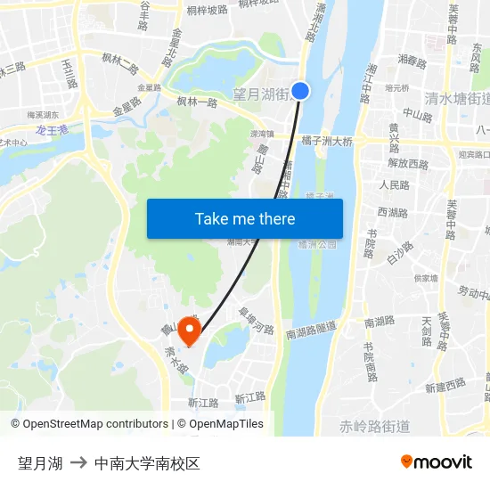 望月湖 to 中南大学南校区 map