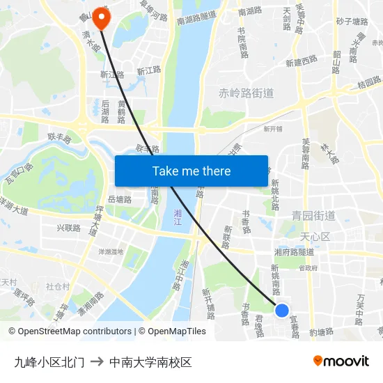 九峰小区北门 to 中南大学南校区 map
