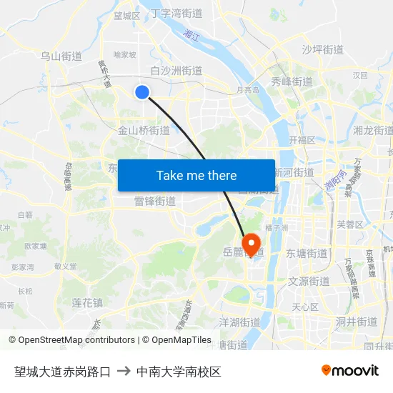 望城大道赤岗路口 to 中南大学南校区 map