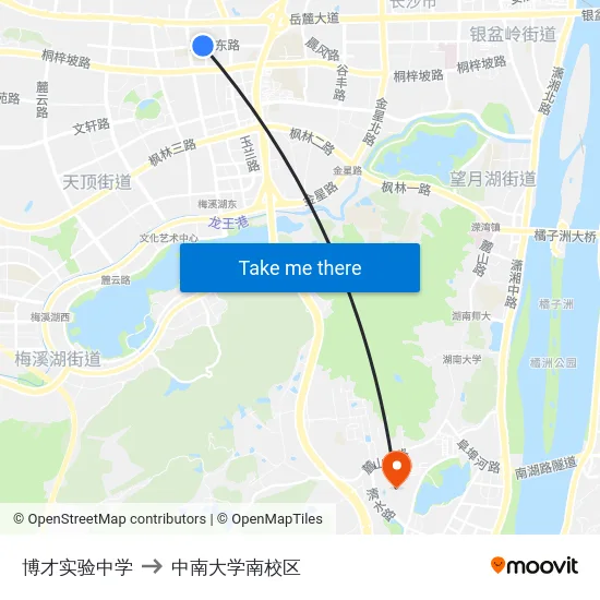 博才实验中学 to 中南大学南校区 map