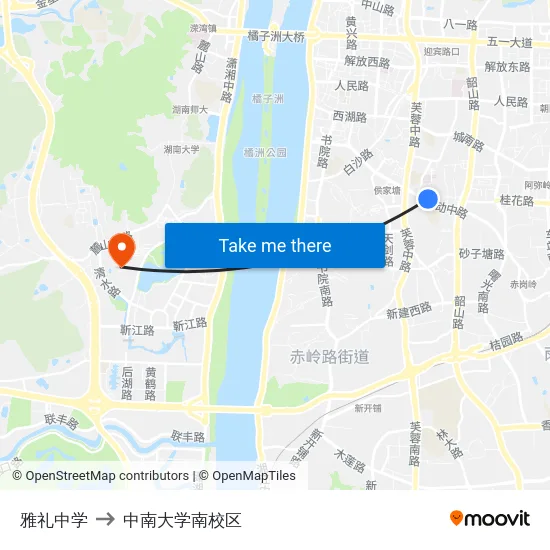 雅礼中学 to 中南大学南校区 map