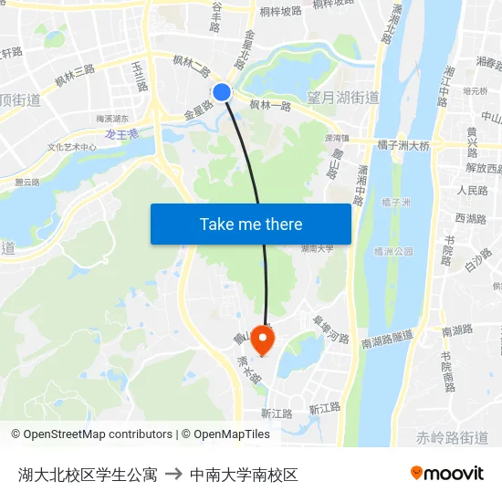 湖大北校区学生公寓 to 中南大学南校区 map